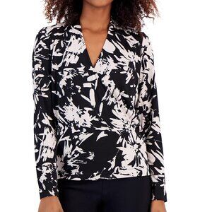 Beautiful Alfani Women's Black & White Faux-Wrap Surplice Knit Top - Sz L